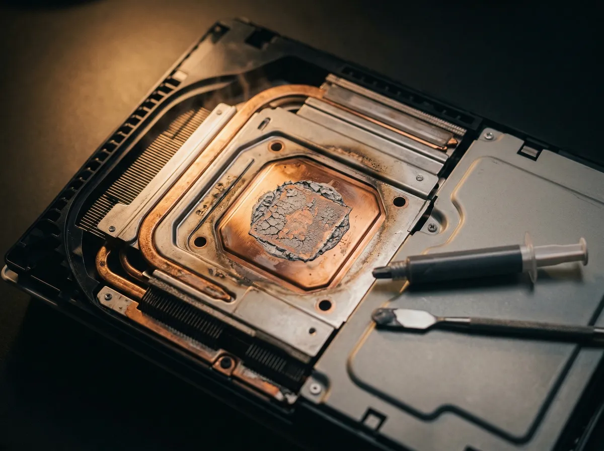 PS5 Überhitzung - ausgetrocknete Wärmeleitpaste auf Heatsink