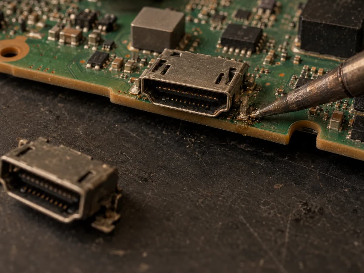 New HDMI port being soldered onto a console board