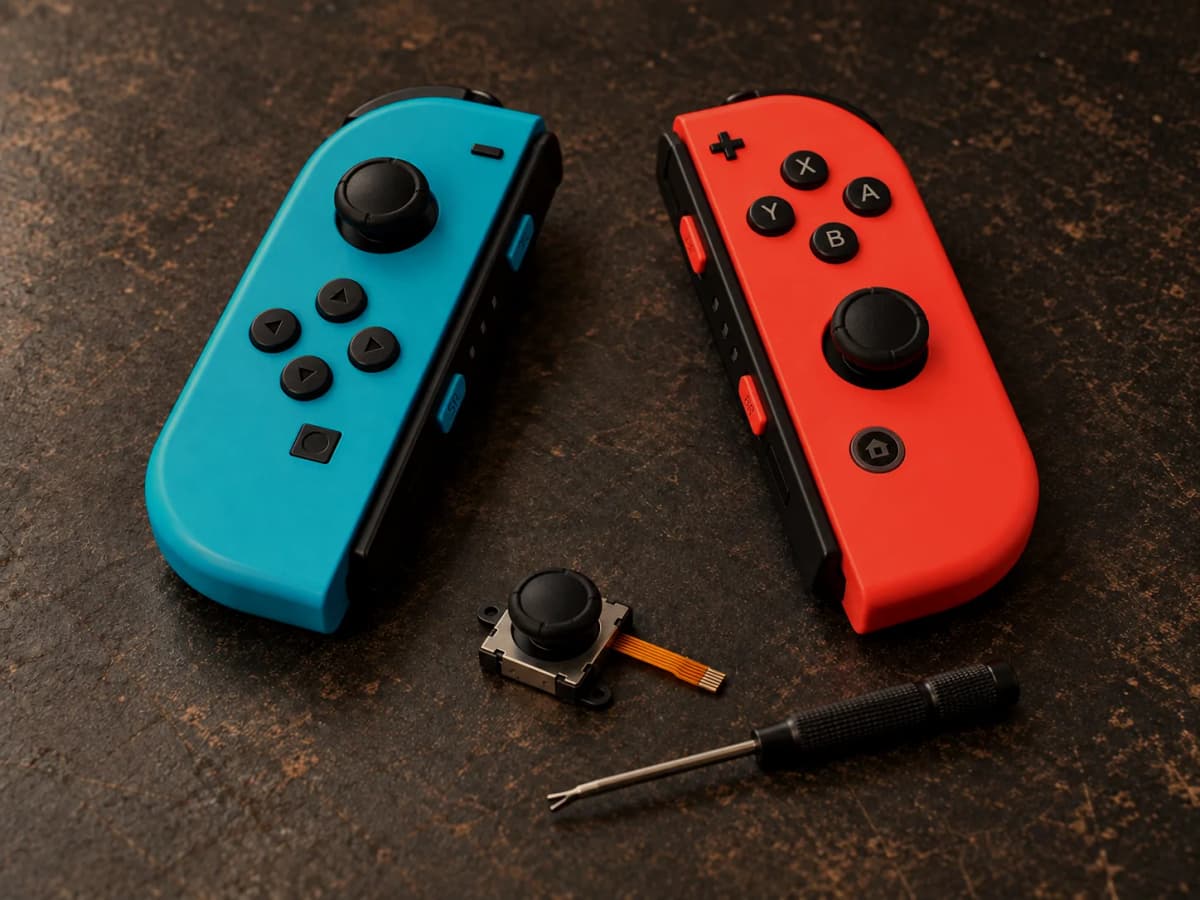 Düz yedek stick modülü ve tornavidayla bir çift Joy-Con