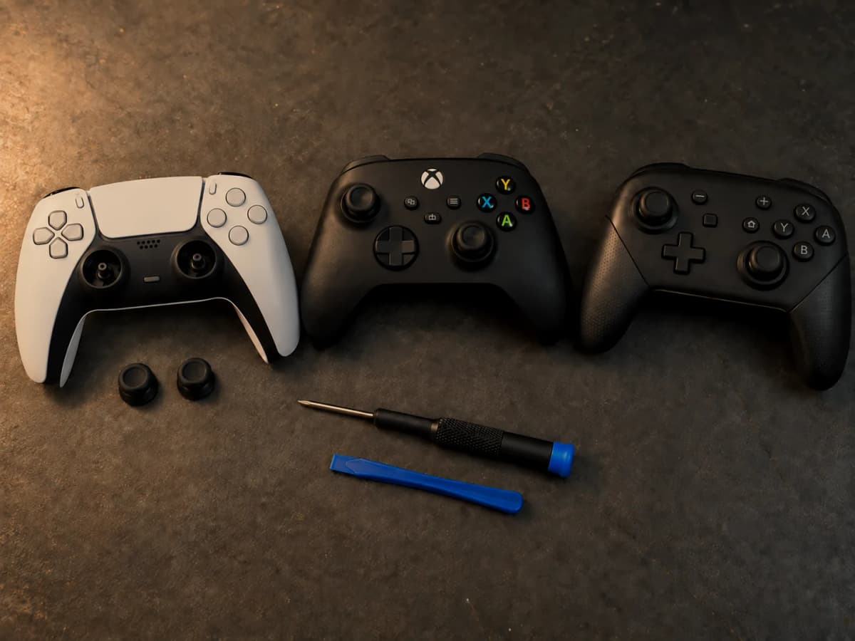 PS5, Xbox i Switch Pro kontroleri sa alatom na radnom stolu