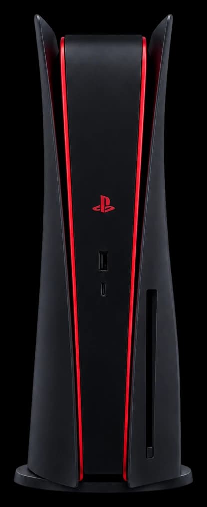 PS5 Konsole in Schwarz mit roten Akzenten