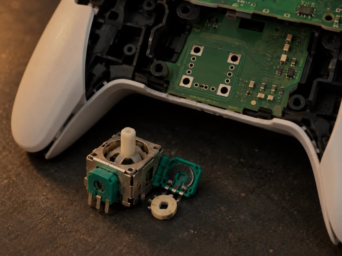 Removed stick module with an opened potentiometer and a worn wiper track
