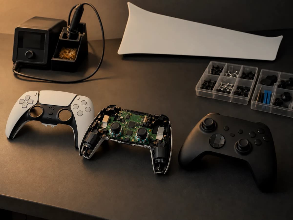 PS5, Xbox i Switch Pro kontroleri sa alatom na radnom stolu